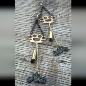 22 Bullet casing brass knuckle black chains motorcycle chandelier earrings NWT